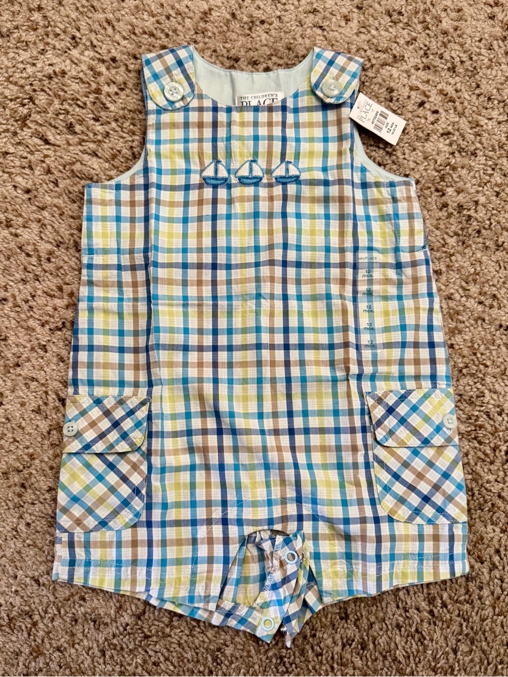 The Children's Place Plaid Shortall Romper in Blue, Yellow, Brown